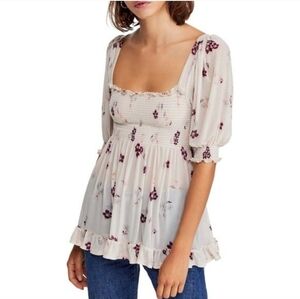 Free People Cream Purple Floral Peasant Top Boho Long Sleeve Blouse Women’s SP